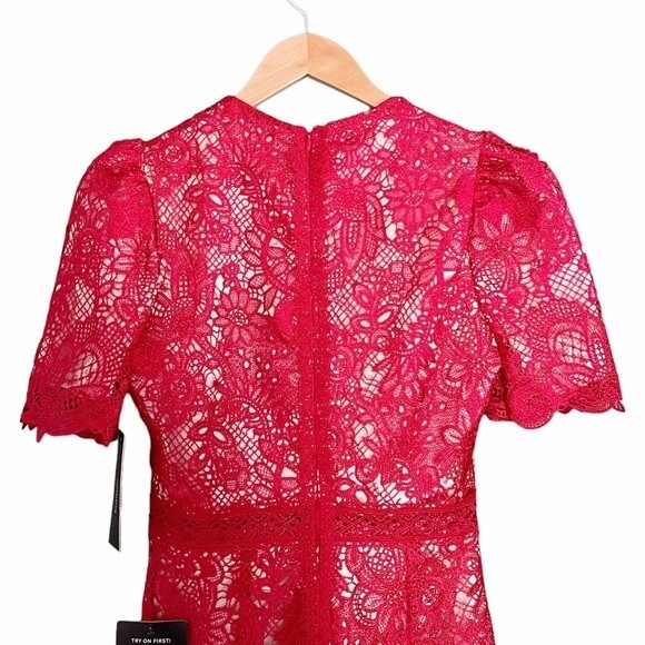 NWT Lulus Red Crochet Lace Amore Fitted Midi Dress Size XS Wedding Guest NEW - Picture 6 of 14